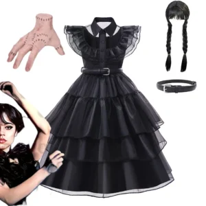 Wednesday Dance Addams Cosplay Costume for Girls Black Ball Gown Kids Gothic Princess Dress Prom Frock TV Addams Party Outfit