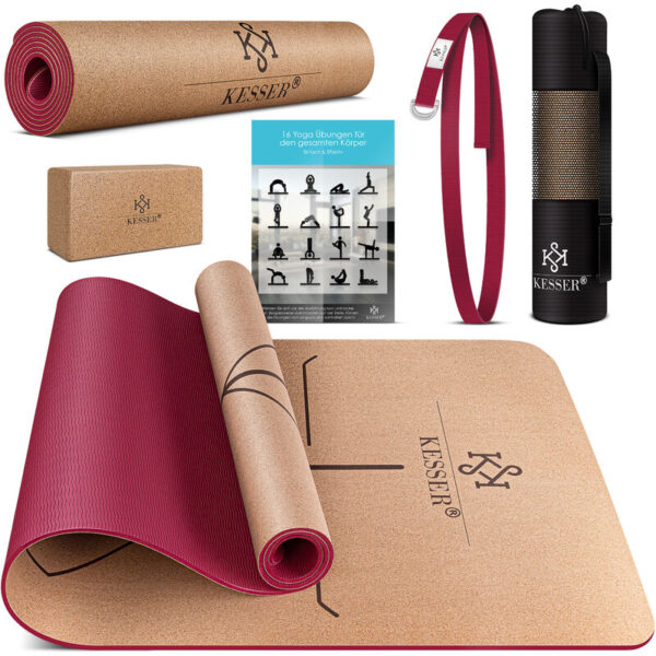 Yogamatte Kork Inkl. Tragegurt Tasche & Yoga-Block Gymnastikmatte Yoga Matte rutschfest aus Naturkautschuk tpe Fitnessmatte, 183 x 62 Trainingsmatte