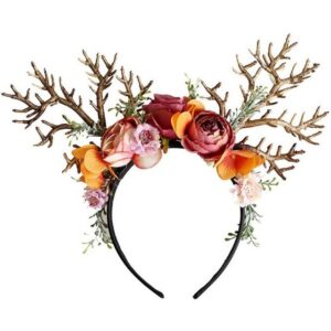 Houhence Haarband Rentier Geweih Haarreif mit Blumen Haarschmuck Elchgeweih Kopfschmuck