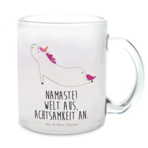 Mr. & Mrs. Panda Teeglas Einhorn Yoga - Transparent - Geschenk, Namaste, Sport, Teetasse, Einh, Premium Glas