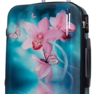 Trendyshop365 Hartschalen-Trolley Orchidee, bunter Koffer mit Blumen-Motiv, 3 Größen, 4 Rollen, Zahlenschloss, Polycarbonat, Dehnfalte