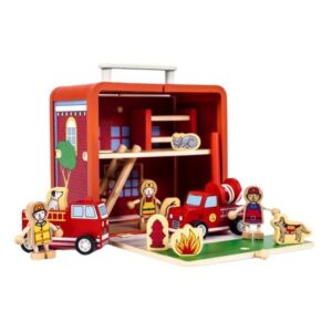 suebidou Spielfigur Mitnehm-Koffer Feuerwehrstation mit Holzfiguren