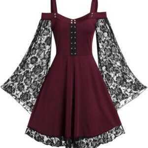 FIDDY A-Linien-Rock Gothic Kleid Damen Gotisches Spitzenkleid Trompetenärmel Patchwork