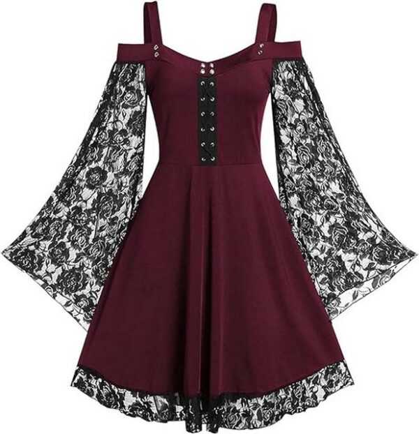 KIKI A-Linien-Rock Gothic Kleid Damen Gotisches Spitzenkleid Trompetenärmel Patchwork