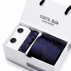 Lasernauten Krawatte Blaue Krawatte aus 100% Seide mit Einstecktuch und Manschettenknöpfen Set aus Krawatte, Einstecktuch und Manschettenknöpfen