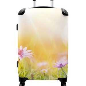 NoBoringSuitcases.com© Koffer Blumen - Frühling - Sonne - Rosa - Gras 67x43x25cm, 4 Rollen, Mittelgroßer Koffer für Erwachsene, Reisekoffer