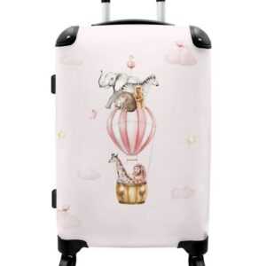 NoBoringSuitcases.com© Koffer Heißluftballon - Tiere - Rosa - Mädchen - Löwe 67x43x25cm, 4 Rollen, Mittelgroßer Koffer für Kinder, Trolley