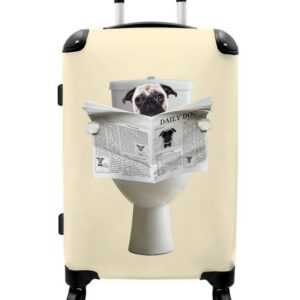 NoBoringSuitcases.com© Koffer Hund - Mops - Toilette - Zeitung - Tier 67x43x25cm, 4 Rollen, Mittelgroßer Koffer für Kinder, Trolley