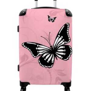 NoBoringSuitcases.com© Koffer Schmetterling - Rosa - Pflanzen - Weiß 67x43x25cm, 4 Rollen, Mittelgroßer Koffer für Erwachsene, Reisekoffer