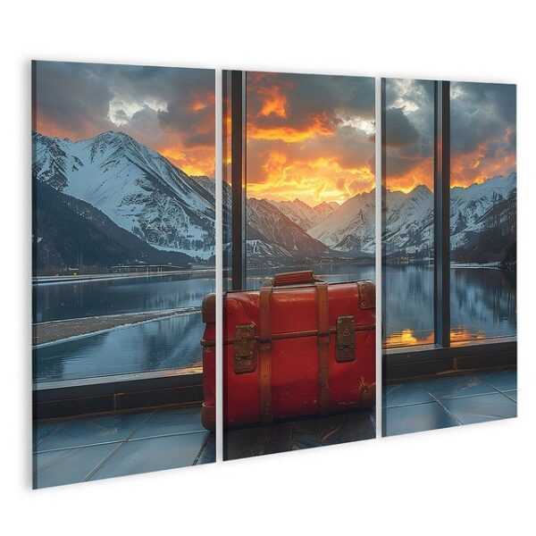 islandburner Leinwandbild Lebhafter, roter Koffer, kunstvoll positioniert vor einem Fenster Schl