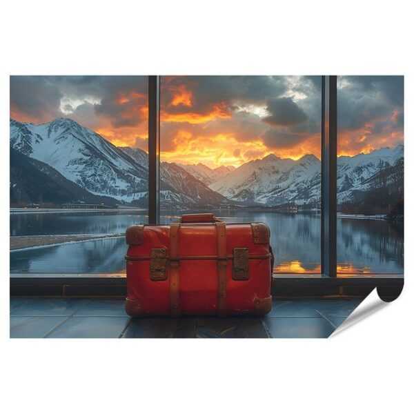 islandburner Poster Lebhafter, roter Koffer, kunstvoll positioniert vor einem Fenster Schl