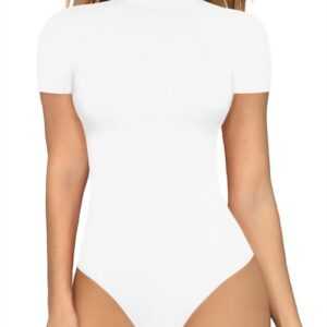 AFAZ New Trading UG Jumpsuit Damen-Overall mit sexy einfarbigem Stehkragen und kurzen Ärmeln Trikot-Shapewear Weiß