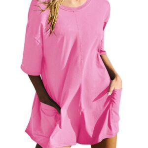 AFAZ New Trading UG Jumpsuit Damen-Sommer-Overall, rückenfrei, V-Ausschnitt, locker Lässige kurze Ärmel mit Taschen Rosa