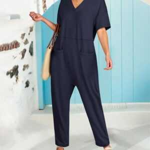 AFAZ New Trading UG Jumpsuit Einfarbiger dunkelblauer Damen Overall mit V-Ausschnitt und Taschen