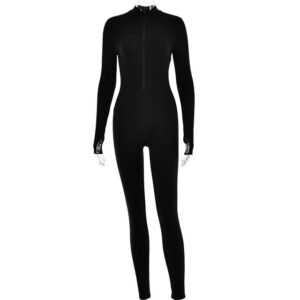 AFAZ New Trading UG Jumpsuit Langärmliger Overall mit Frühling Reißverschluss für Damen Schwarz Sexy Hot Girl Tight Butt Lifting Overall