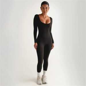 AFAZ New Trading UG Jumpsuit Sexy weiche, hochelastische Langarm Strumpfhose für Damen Schwarz Overall mit Patchwork-Hose und U-förmigem Kragen