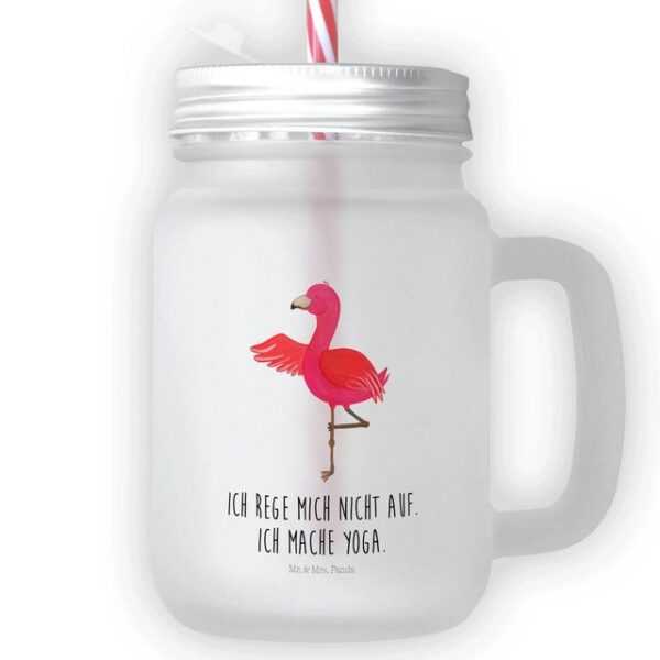 Mr. & Mrs. Panda Cocktailglas Flamingo Yoga - Transparent - Geschenk, Namaste, Mason Jar Trinkglas, Premium Glas, Inkl. Mehrwegstrohhalm