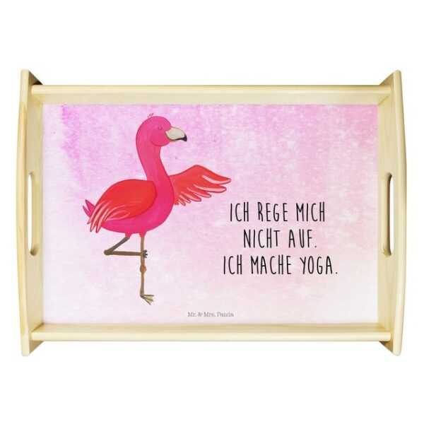 Mr. & Mrs. Panda Tablett Flamingo Yoga - Aquarell Pink - Geschenk, Aufregen, Dekotablett, Acht, Echtholz lasiert, (1-tlg), Kratzfeste Oberfläche