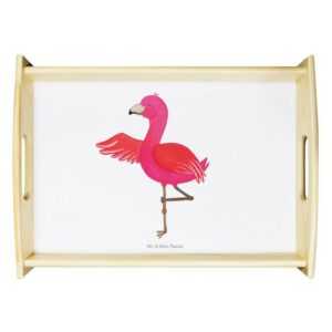 Mr. & Mrs. Panda Tablett Flamingo Yoga - Weiß - Geschenk, Küchentablett, Rosa, Dekotablett, En, Echtholz lasiert, (1-tlg), Anti-Rutsch Pads