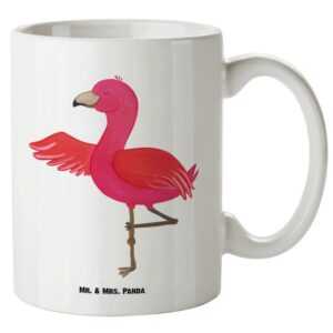 Mr. & Mrs. Panda Tasse Flamingo Yoga - Weiß - Geschenk, Entspannung, XL Becher, Baum, Achtsa, XL Tasse Keramik, Prächtiger Farbdruck