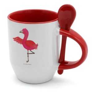 Mr. & Mrs. Panda Tasse Flamingo Yoga - Weiß - Geschenk, Tasse mit Löffel, Achtsamkeit, Rosa, Keramik, Inklusive Löffel