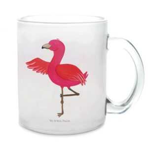 Mr. & Mrs. Panda Teeglas Flamingo Yoga - Transparent - Geschenk, Yogapose, Tasse mit Henkel, R, Premium Glas, Edler Aufdruck