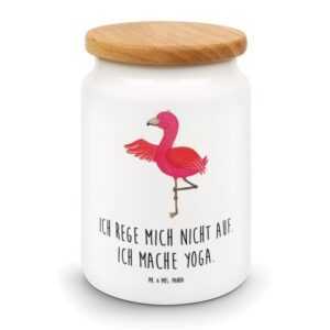 Mr. & Mrs. Panda Vorratsdose Flamingo Yoga - Weiß - Geschenk, Aufregen, Keramikdose, Achtsamkeit, Keramik, (1-tlg), Holzdeckel-Dichtung