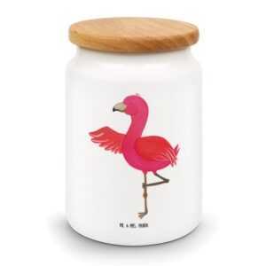 Mr. & Mrs. Panda Vorratsdose Flamingo Yoga - Weiß - Geschenk, Dose, Entspannung, Vorratsdose, Yogi, Keramik, (1-tlg), Massiv-Holzdeckel