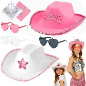 Puiaosso Cowboyhut Cowboyhut Fasching pink und weiß (7-St., 2 Hüte & 2 Quadratisches Handtuch & 3 Sonnenbrille) Einstellbar Cowboyhut mit Kordelzug, für Kinder und Erwachsene